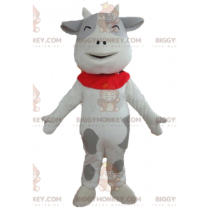 Disfraz de mascota vaca blanca y gris alegre y cariñosa