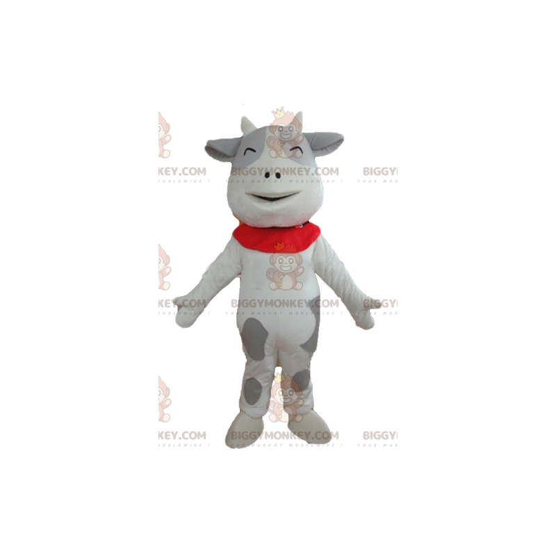 Traje de mascote BIGGYMONKEY™ de vaca branca e cinza alegre e