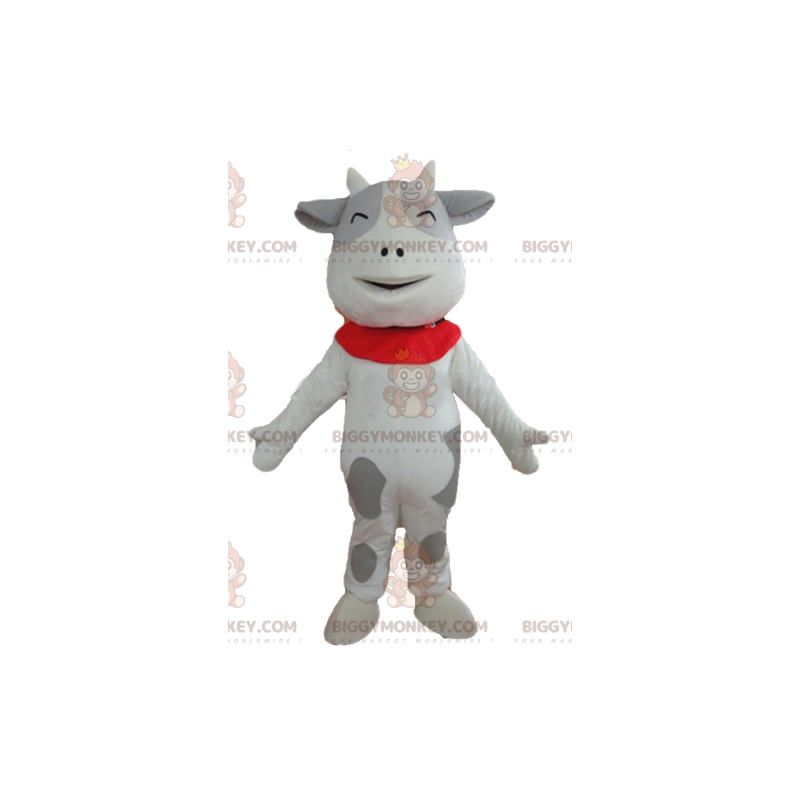 Veselý a láskyplný kostým maskota bílé a šedé krávy