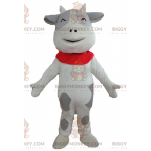 Disfraz de mascota vaca blanca y gris alegre y cariñosa