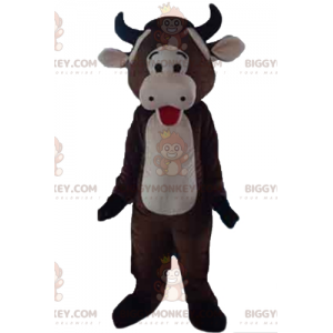 Traje de mascote de vaca marrom e rosa gigante e carinhoso