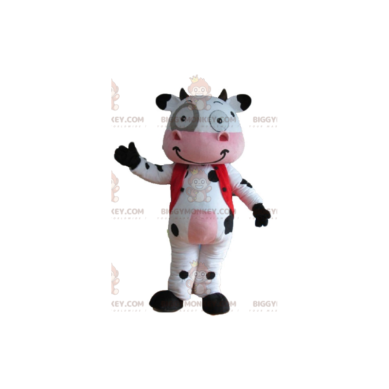 Kostium maskotka bardzo uśmiechnięta biało-czarno-różowa krowa