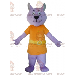 Paarse wolf BIGGYMONKEY™ mascottekostuum gekleed in oranje pak
