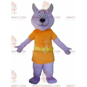 Paarse wolf BIGGYMONKEY™ mascottekostuum gekleed in oranje pak