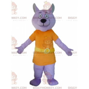 Purple Wolf BIGGYMONKEY™ maskotdräkt klädd i orange kostym -