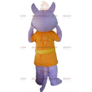 Purple Wolf BIGGYMONKEY™ maskotdräkt klädd i orange kostym -