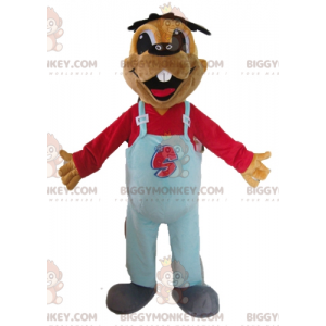 BIGGYMONKEY™ Brown Beaver Mascot Costume With Blue Overalls –