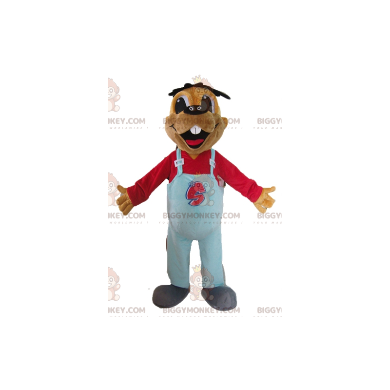 BIGGYMONKEY™ Brown Beaver Mascot Costume With Blue Overalls –