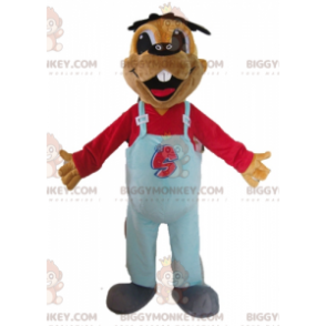 BIGGYMONKEY™ Brown Beaver Mascot Costume With Blue Overalls –