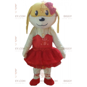 BIGGYMONKEY™ Mascot Costume White and Yellow Dog in Red Dress -