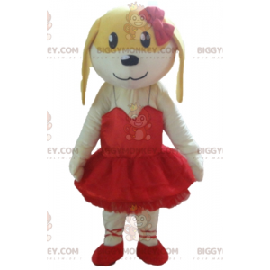 BIGGYMONKEY™ Mascottekostuum Witte en gele hond in rode jurk -