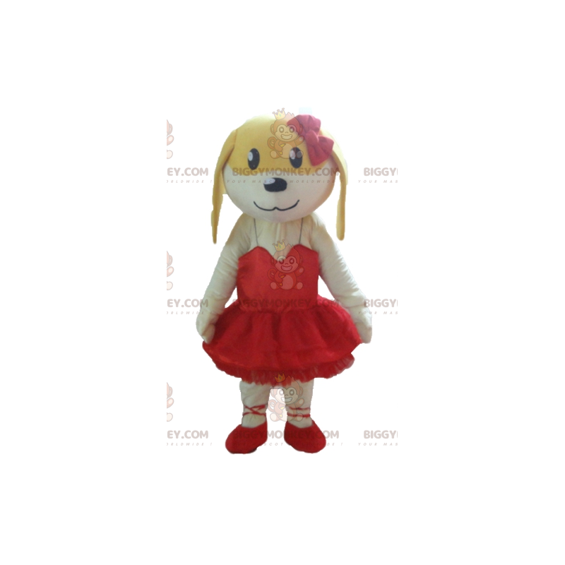 BIGGYMONKEY™ Mascot Costume White and Yellow Dog in Red Dress –