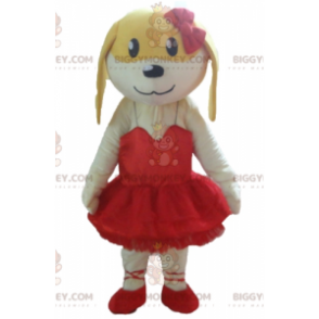 BIGGYMONKEY™ maskotkostume hvid og gul hund i rød kjole -