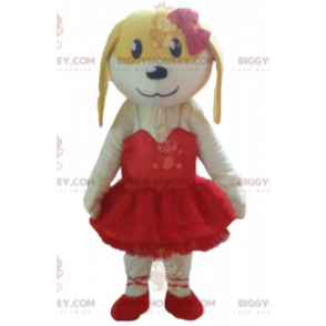 Traje de mascote BIGGYMONKEY™ cão branco e amarelo em vestido