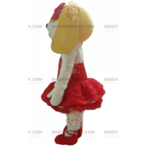 BIGGYMONKEY™ Mascottekostuum Witte en gele hond in rode jurk -