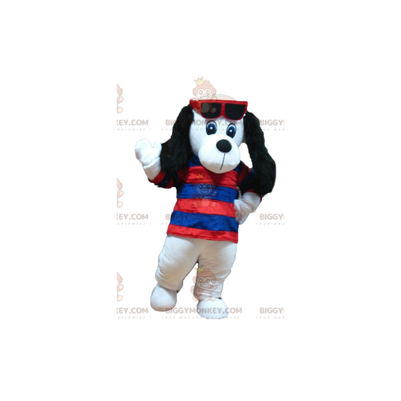 Traje de mascote BIGGYMONKEY™ de cachorro branco e preto com