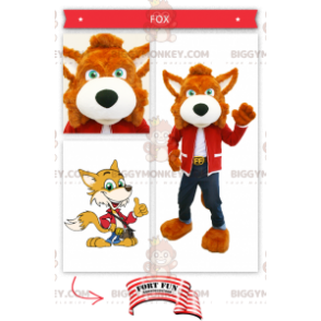 Orange Fox BIGGYMONKEY™ -maskottiasu farkkuihin pukeutunut -