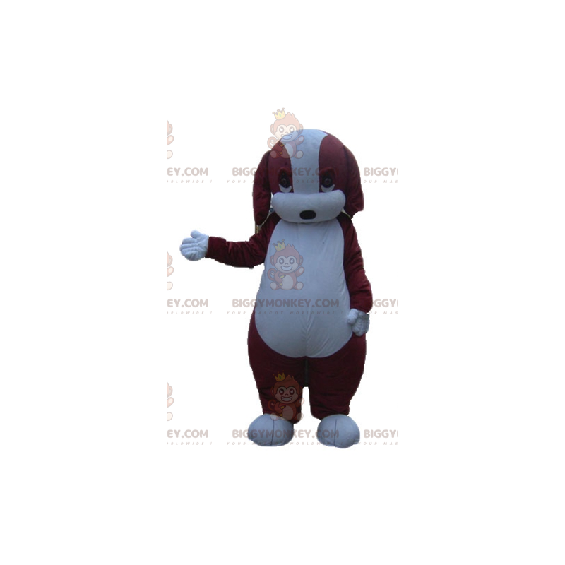 Suloinen pullea ruskeavalkoinen koiran BIGGYMONKEY™ maskottiasu
