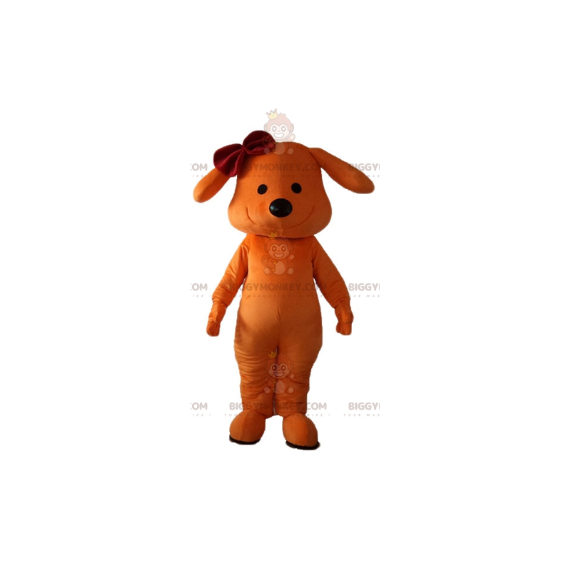 BIGGYMONKEY™ Glimlachend oranje hondenmascottekostuum met strik