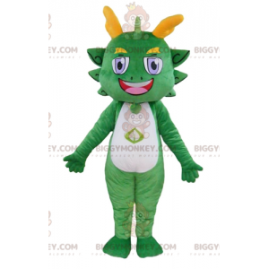 Costume da mascotte sorridente colorato drago verde e giallo