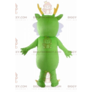 Traje de mascote de dragão verde amarelo e branco de criatura