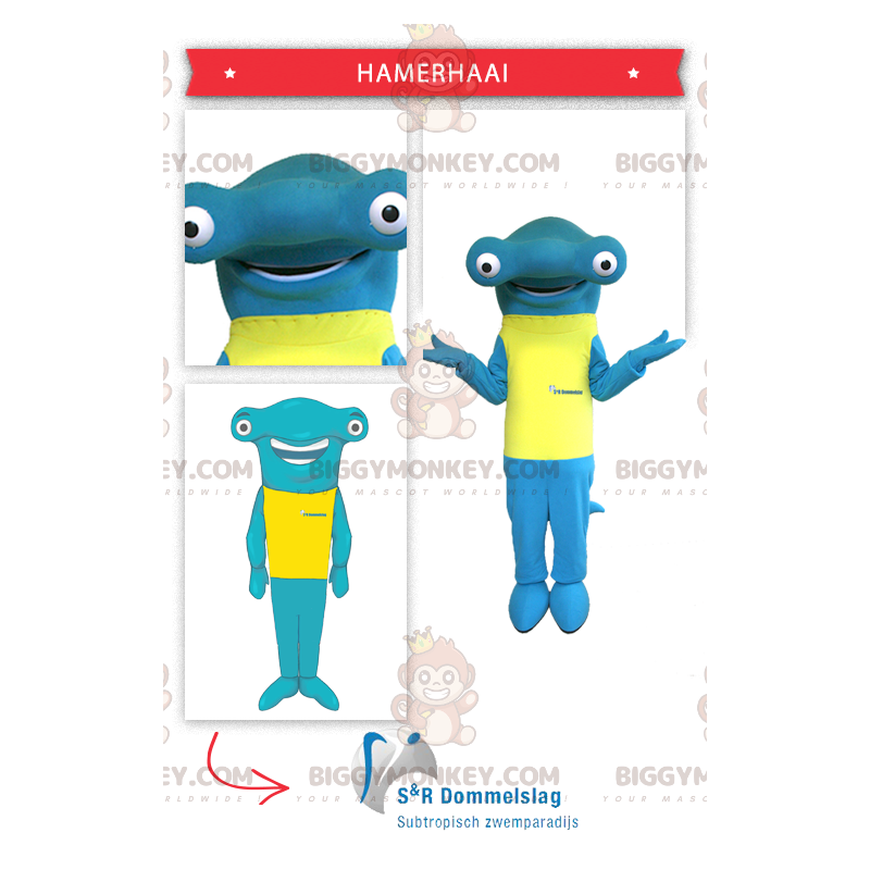 Hammerhead shark BIGGYMONKEY™ mascot costume with yellow