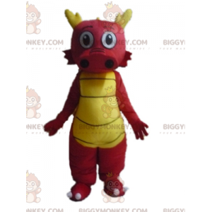 Traje de mascote de dragão vermelho e amarelo bonito e colorido