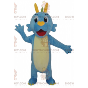 Traje de mascote de dinossauro azul verde e amarelo dragão