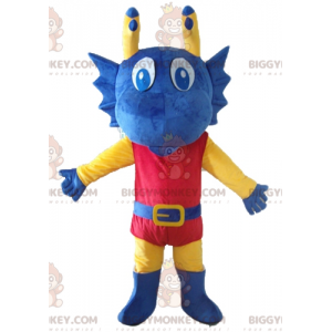 BIGGYMONKEY™ mascottekostuum blauw gele en rode draak verkleed