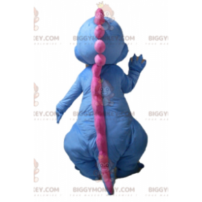 Traje de mascote de dinossauro azul branco rosa dragão