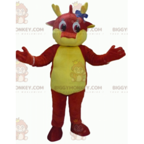 Traje de mascote gigante de dragão vermelho e amarelo