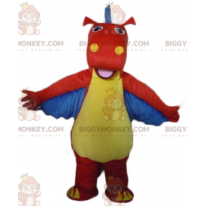 Rood Geel Blauw Dinosaurus Draak BIGGYMONKEY™ Mascotte Kostuum