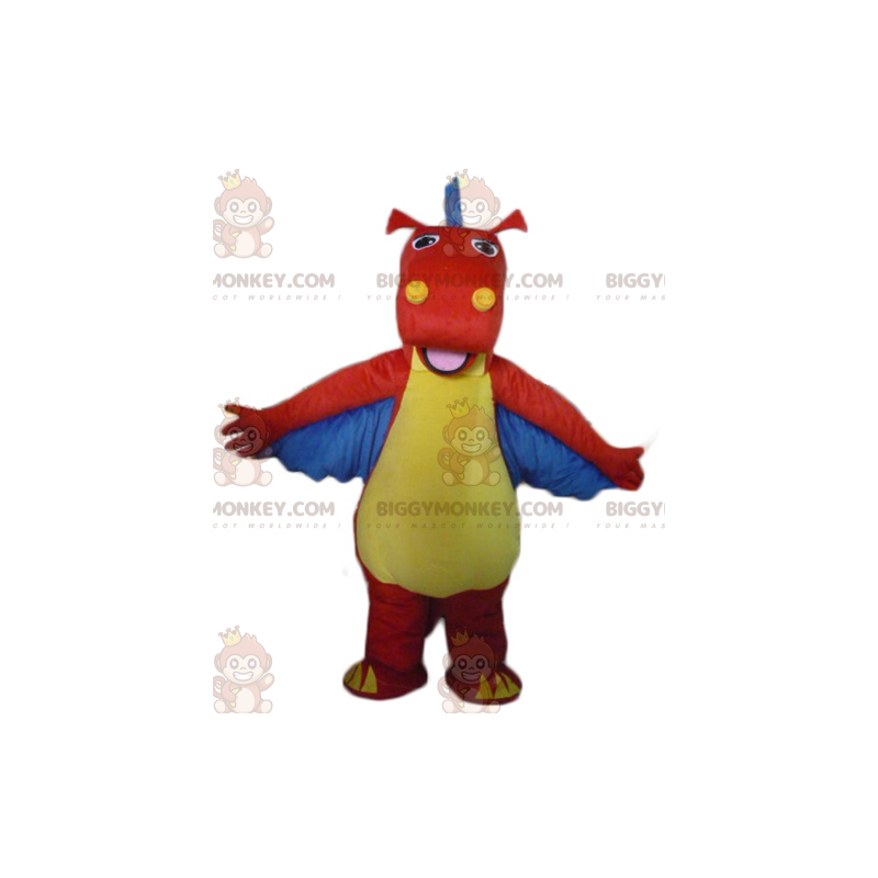 Costume da mascotte drago dinosauro rosso giallo blu