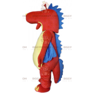 Traje de mascote de dinossauro vermelho amarelo azul dragão