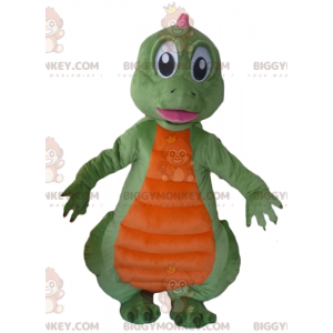 Kostým maskota ze zeleného oranžového a růžového dinosaura