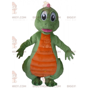 Traje de mascote de dinossauro verde laranja e rosa