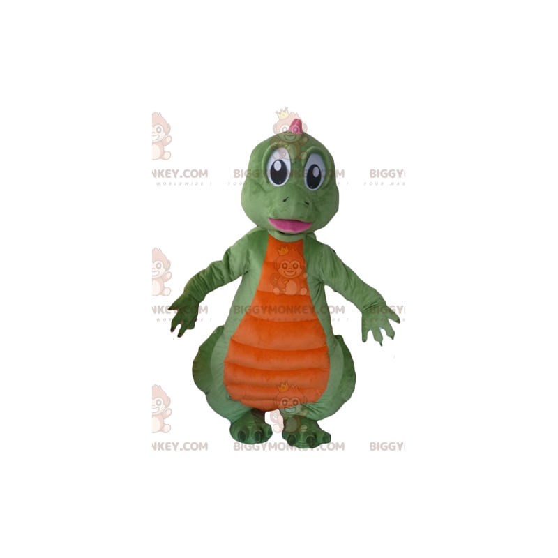 Traje de mascote de dinossauro verde laranja e rosa