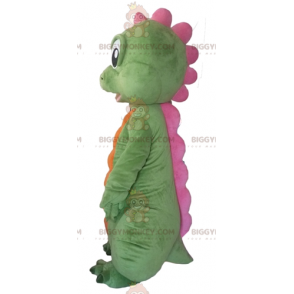 Traje de mascote de dinossauro verde laranja e rosa