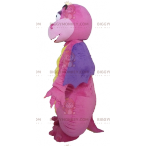 Traje de mascote sedutor e colorido de dragão roxo e amarelo