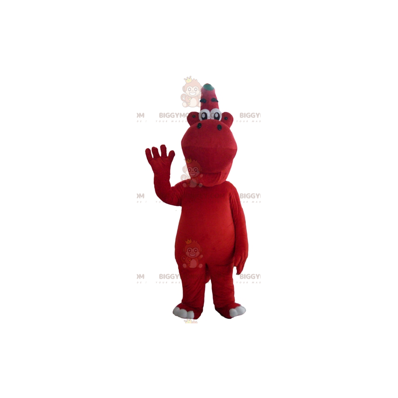 Traje de mascote original e simpático dragão vermelho e verde