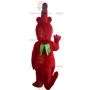 Traje de mascote original e simpático dragão vermelho e verde