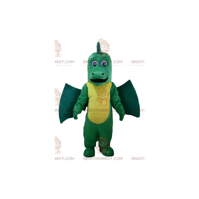 Obří a působivý kostým maskota ze zeleného a žlutého draka