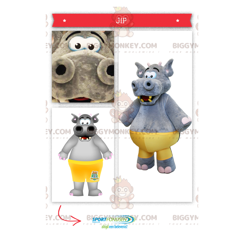 BIGGYMONKEY™ Big Grey Hippo maskottiasu keltaisella trikoolla -