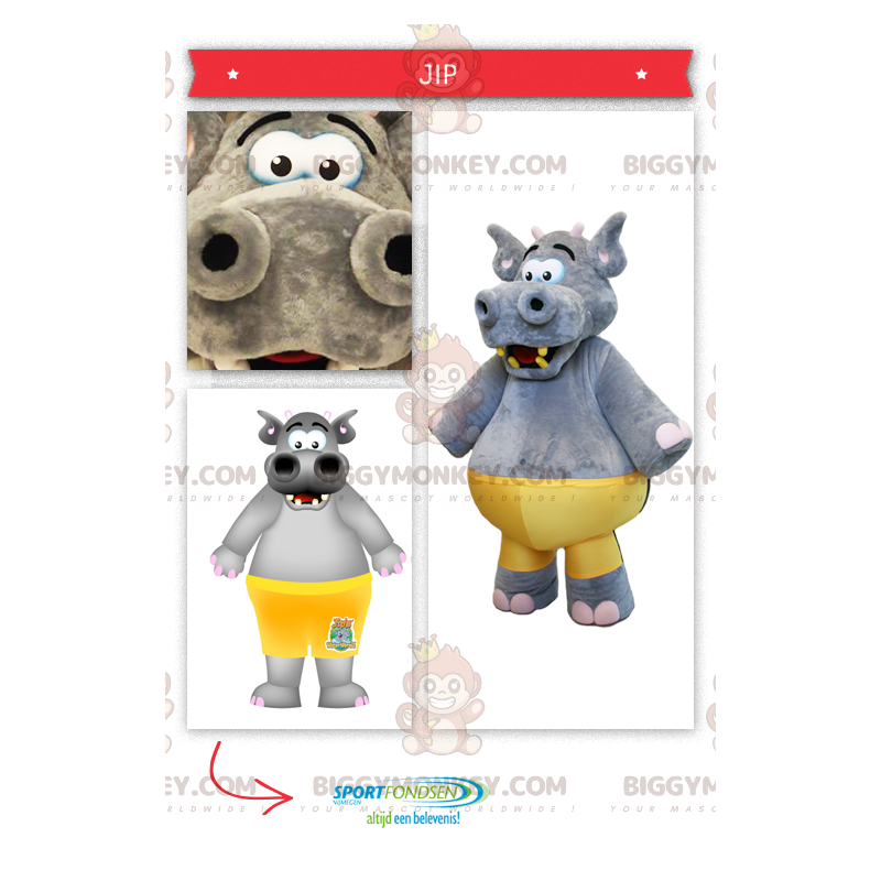 BIGGYMONKEY™ Groot grijs nijlpaard-mascottekostuum met gele