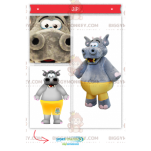 BIGGYMONKEY™ Big Grey Hippo maskottiasu keltaisella trikoolla -