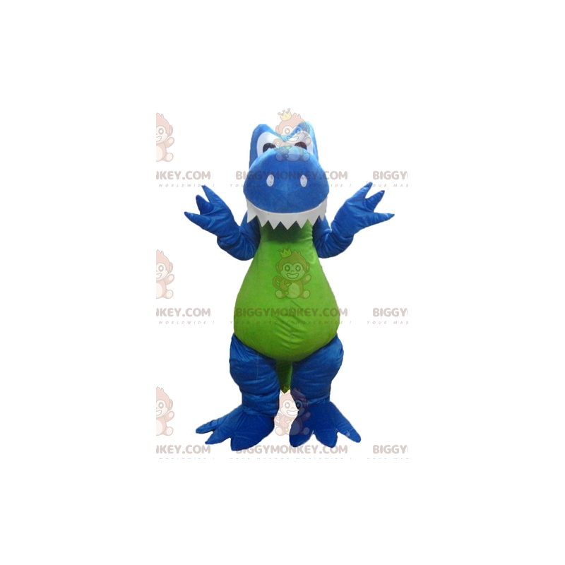 Blauw wit groene draak dinosaurus BIGGYMONKEY™ mascotte kostuum