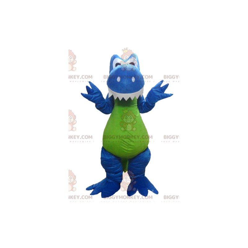Traje de mascote de dinossauro azul branco dragão verde