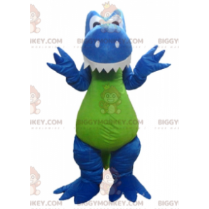 Blauw wit groene draak dinosaurus BIGGYMONKEY™ mascotte kostuum