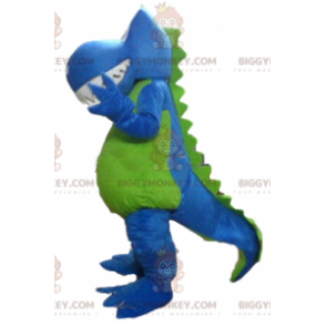 Blauw wit groene draak dinosaurus BIGGYMONKEY™ mascotte kostuum