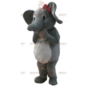 BIGGYMONKEY™ maskottiasu, harmaa ja valkoinen norsu rusetilla -
